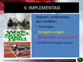 V. IMPLEMENTASI 
Kegiatan, pelaksanaan, atau tindakan: 
• Terencana 
• Sungguh-sungguh 
• Berdasarkan acuan norma 
• Untuk mencapai tujuan 
PENDIDIKAN, PENGAWAS DAN PENILIK 
17 
DR.YANI/TASIKMALAYA/2014  