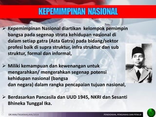 Kepemimpinan Nasional diartikan kelompok pemimpin bangsa pada segenap strata kehidupan nasional di dalam setiap gatra (Asta Gatra) pada bidang/sektor profesi baik di supra struktur, infra struktur dan sub struktur, formal dan informal, 
Miliki kemampuan dan kewenangan untuk mengarahkan/ mengerahkan segenap potensi kehidupan nasional (bangsa dan negara) dalam rangka pencapaian tujuan nasional, 
Berdasarkan Pancasila dan UUD 1945, NKRI dan Sesanti Bhineka Tunggal Ika. 
DR.YANI/TASIKMALAYA/2014 
PENDIDIKAN, PENGAWAS DAN PENILIK 
8  