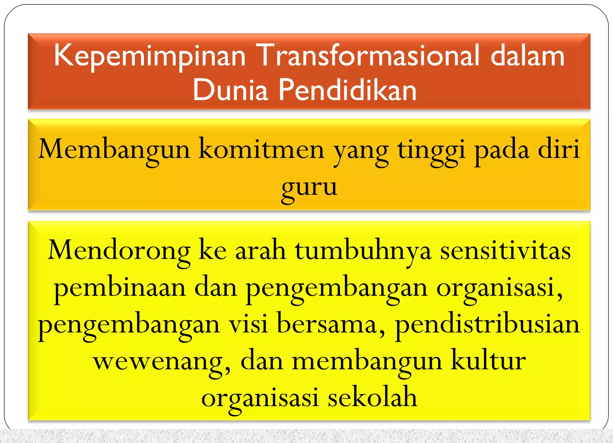 Kepemimpinan Transformasional dalam 
Dunia Pendidikan 
Membangun komitmen yang tinggi pada diri 
guru 
Mendorong ke arah tumbuhnya sensitivitas 
pembinaan dan pengembangan organisasi, 
pengembangan visi bersama, pendistribusian 
wewenang, dan membangun kultur 
organisasi sekolah 
 