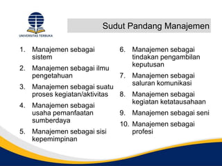 Sudut Pandang Manajemen
1. Manajemen sebagai
sistem
2. Manajemen sebagai ilmu
pengetahuan
3. Manajemen sebagai suatu
proses kegiatan/aktivitas
4. Manajemen sebagai
usaha pemanfaatan
sumberdaya
5. Manajemen sebagai sisi
kepemimpinan
6. Manajemen sebagai
tindakan pengambilan
keputusan
7. Manajemen sebagai
saluran komunikasi
8. Manajemen sebagai
kegiatan ketatausahaan
9. Manajemen sebagai seni
10. Manajemen sebagai
profesi
 
