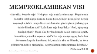  Jawabku kepada raja: "Hiduplah raja untuk selamanya! Bagaimana
mukaku tidak akan muram, kalau kota, tempat pekuburan nenek
moyangku, telah menjadi reruntuhan dan pintu-pintu gerbangnya
habis dimakan api?" Lalu kata raja kepadaku: "Jadi, apa yang
kauinginkan?" Maka aku berdoa kepada Allah semesta langit,
kemudian jawabku kepada raja: "Jika raja menganggap baik dan
berkenan kepada hambamu ini, utuslah aku ke Yehuda, ke kota
pekuburan nenek moyangku, supaya aku membangunnya kembali."
(Nehemia 2:3-5)
Pertemuan Pengurus Distrik dengan Pengurus Cabang
 