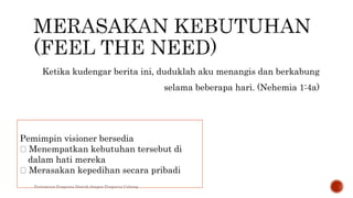 Ketika kudengar berita ini, duduklah aku menangis dan berkabung
selama beberapa hari. (Nehemia 1:4a)
Pemimpin visioner bersedia
Menempatkan kebutuhan tersebut di
dalam hati mereka
Merasakan kepedihan secara pribadi
Pertemuan Pengurus Distrik dengan Pengurus Cabang
 