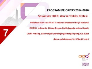 PROGRAM PRIORITAS 2014-2016
7
Sosialisasi SKKNI dan Sertifikasi Profesi
Melaksanakan Sosialisasi Standart Kompetensi Kerja...