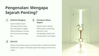 Pengenalan: Mengapa
Sejarah Penting?
1 Definisi Ringkas
Sejarah adalah kajian
tentang peristiwa masa
lalu, merangkumi segala
aspek kehidupan manusia
dari zaman purba hingga
kini.
2 Panduan Masa
Depan
Sejarah bukan sekadar
fakta lampau, tetapi juga
panduan untuk
menghadapi cabaran dan
peluang pada masa depan.
3 Identiti
Sejarah memainkan peranan penting dalam membentuk identiti
individu dan negara, menghubungkan kita dengan warisan dan
tradisi.
 
