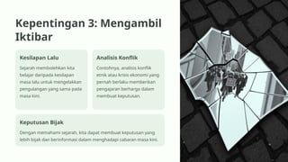 Kepentingan 3: Mengambil
Iktibar
Kesilapan Lalu
Sejarah membolehkan kita
belajar daripada kesilapan
masa lalu untuk mengelakkan
pengulangan yang sama pada
masa kini.
Analisis Konflik
Contohnya, analisis konflik
etnik atau krisis ekonomi yang
pernah berlaku memberikan
pengajaran berharga dalam
membuat keputusan.
Keputusan Bijak
Dengan memahami sejarah, kita dapat membuat keputusan yang
lebih bijak dan berinformasi dalam menghadapi cabaran masa kini.
 