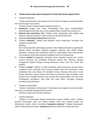 Keperawatan Keluarga Dan Komunitas
120
3. Tindakan keperawatan dapat dikategorikan menjadi tiga (3) tipe sebagai berikut.
a. Tindakan Independen
Tindakan yang dilakukan oleh perawat untuk membantu mengatasi masalah kesehatan
klien dan keluarga secara mandiri.
Tindakan tersebut meliputi kegiatan-kegiatan berikut ini.
1) Wawancara dengan klien untuk mendapatkan data, guna mengidentifikasi
perkembangan kondisi klien atau untuk mengidentifikasi masalah baru yang muncul.
2) Observasi dan pemeriksaan fisik. Tindakan untuk mendapatkan data objektif yang
meliputi, observasi kesadaran, tanda–tanda vital, dan pemeriksaan fisik.
3) Melakukan pemeriksaan laboratorium sederhana.
4) Tindakan terapeutik. Tindakan yang ditujukan untuk mengurangi, mencegah, dan
mengatasi masalah klien.
Misalnya:
Klien stroke yang tidak sadar dengan paralise, maka tindakan terapeutik yang dilakukan
perawat dalam mencegah terjadinya gangguan integritas kulit adalah dengan
melakukan mobilisasi dan memberikan bantal air, pada bagian tubuh yang tertekan
dan mengenali tanda-tanda terjadinya hipoglikemi dan cara mengatasinya.
5) Tindakan edukatif (mengajarkan). Ditujukan untuk mengubah perilaku klien melalui
promosi kesehatan dan pendidikan kesehatan kepada klien. Misalnya, perawat
mengajarkan kepada keluarga tentang pembuatan cairan oralit dan senam kaki
diabetik.
6) Tindakan merujuk. Tindakan ini lebih ditekankan pada kemampuan perawat dalam
mengambil suatu keputusan klinik tentang keadaan klien dan kemampuan untuk
melakukan kerja sama dengan tim kesehatan lainnya. Misalnya, klien pasca trauma
kepala, ditemukan adanya tanda-tanda tekanan intrakranial yang meningkat, maka
perawat harus mengkonsultasikan atau merujuk klien kepada dokter ahli saraf untuk
mendapatkan penanganan yang tepat dan cepat dalam mencegah terjadinya
komplikasi yang lebih parah.
b. Tindakan Interdependen
Tindakan keperawatan interdependen menjelaskan suatu kegiatan yang memerlukan
suatu kerja sama dengan tenaga kesehatan lainnya.
Misalnya, tenaga sosial, ahli gizi, fisioterapi
c. Tindakan Dependen
Tindakan ini berhubungan dengan pelaksanaan rencana tindakan medis. Tindakan
tersebut menandakan suatu cara bahwa tindakan medis atau tindakan profesi lain
dilaksanakan. Contoh, dokter menuliskan “perawatan colostomy“. Tindakan keperawatan
adalah melaksanakan perawatan colostomy berdasarkan kebutuhan individu dari klien.
 