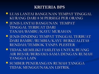 KRITERIA BPS
KRITERIA BPS
 LUAS LANTAI BANGUNAN TEMPAT TINGGAL
LUAS LANTAI BANGUNAN TEMPAT TINGGAL
KURANG DARI 8 M PERSEGI PER ORANG
KURANG DARI 8 M PERSEGI PER ORANG
 JENIS LANTAI BANGUNAN TEMPAT
JENIS LANTAI BANGUNAN TEMPAT
TINGGAL TERBUAT DARI
TINGGAL TERBUAT DARI
TANAH/BAMBU/KAYU MURAHAN
TANAH/BAMBU/KAYU MURAHAN
 JENIS DINDING TEMPAT TINGGAL TERBUAT
JENIS DINDING TEMPAT TINGGAL TERBUAT
DARI BAMBU/RUMBIA/KAYU BERKUALITAS
DARI BAMBU/RUMBIA/KAYU BERKUALITAS
RENDAH/TEMBOK TANPA PLESTER
RENDAH/TEMBOK TANPA PLESTER
 TIDAK MEMILIKI FASILITAS UNTUK BUANG
TIDAK MEMILIKI FASILITAS UNTUK BUANG
AIR BESAR/BERSAMA-SAMA DENGAN RUMAH
AIR BESAR/BERSAMA-SAMA DENGAN RUMAH
TANGGA LAIN
TANGGA LAIN
 SUMBER PENERANGAN RUMAH TANGGA
SUMBER PENERANGAN RUMAH TANGGA
TIDAK MENGGUNAKAN LISTRIK
TIDAK MENGGUNAKAN LISTRIK
 