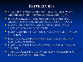 KRITERIA BPS
KRITERIA BPS
 SUMBER AIR MINUM BERASAL DARI SUMUR/MATA
SUMBER AIR MINUM BERASAL DARI SUMUR/MATA
AIR TIDAK TERLINDUNG/SUNGAI/AIR HUJAN
AIR TIDAK TERLINDUNG/SUNGAI/AIR HUJAN
 BAHAN BAKAR UNTUK MEMASAK SEHARI-HARI
BAHAN BAKAR UNTUK MEMASAK SEHARI-HARI
ADALAH KAYU BAKAR/ARANG/MINYAK TANAH
ADALAH KAYU BAKAR/ARANG/MINYAK TANAH
 HANYA MENGKONSUMSI DAGING/SUSU/AYAM
HANYA MENGKONSUMSI DAGING/SUSU/AYAM
SATU KALI DALAM SEMINGGU
SATU KALI DALAM SEMINGGU
 HANYA MEMBELI SATU STEL PAKAIAN BARU DALAM
HANYA MEMBELI SATU STEL PAKAIAN BARU DALAM
SETAHUN
SETAHUN
 HANYA SANGGUP MAKAN SEBANYAK SATU/DUA
HANYA SANGGUP MAKAN SEBANYAK SATU/DUA
KALI DALAM SEHARI
KALI DALAM SEHARI
 HANYA SANGGUP MAKAN SATU/DUA KALI DALAM
HANYA SANGGUP MAKAN SATU/DUA KALI DALAM
SEHARI
SEHARI
 TIDAK SANGGUP MEMBAYAR BIAYA PENGOBATAN
TIDAK SANGGUP MEMBAYAR BIAYA PENGOBATAN
DI PUSKESMAS/POLIKLINIK
DI PUSKESMAS/POLIKLINIK
 