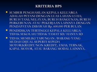 KRITERIA BPS
KRITERIA BPS
 SUMBER PENGHASILAN KEPALA KELUARGA
SUMBER PENGHASILAN KEPALA KELUARGA
ADALAH PETANI DENGAN LUAS LAHAN 0.5 HA;
ADALAH PETANI DENGAN LUAS LAHAN 0.5 HA;
BURUH TANI; NELAYAN; BURUH BANGUNAN; BURUH
BURUH TANI; NELAYAN; BURUH BANGUNAN; BURUH
PERKEBUNAN ATAU PEKERJAAN LAINNYA DENGAN
PERKEBUNAN ATAU PEKERJAAN LAINNYA DENGAN
PENDAPATAN DIBAWAH Rp. 600.000 PER BULAN
PENDAPATAN DIBAWAH Rp. 600.000 PER BULAN
 PENDIDIKAN TERTINGGI KEPALA KELUARGA:
PENDIDIKAN TERTINGGI KEPALA KELUARGA:
TIDAK SEKOLAH/TIDAK TAMAT SD/ HANYA SD
TIDAK SEKOLAH/TIDAK TAMAT SD/ HANYA SD
 TIDAK MEMILIKI TABUNGAN /BARANG YANG
TIDAK MEMILIKI TABUNGAN /BARANG YANG
MUDAH DIJUAL SEPERTI SEPEDA
MUDAH DIJUAL SEPERTI SEPEDA
MOTOR(KREDIT/NON KREDIT), EMAS, TERNAK,
MOTOR(KREDIT/NON KREDIT), EMAS, TERNAK,
KAPAL MOTOR, ATAU BARANG MODAL LAINNYA.
KAPAL MOTOR, ATAU BARANG MODAL LAINNYA.
 