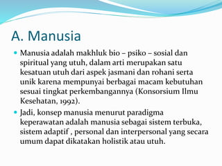 A. Manusia
 Manusia adalah makhluk bio – psiko – sosial dan
spiritual yang utuh, dalam arti merupakan satu
kesatuan utuh dari aspek jasmani dan rohani serta
unik karena mempunyai berbagai macam kebutuhan
sesuai tingkat perkembangannya (Konsorsium Ilmu
Kesehatan, 1992).
 Jadi, konsep manusia menurut paradigma
keperawatan adalah manusia sebagai sistem terbuka,
sistem adaptif , personal dan interpersonal yang secara
umum dapat dikatakan holistik atau utuh.
 