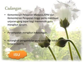Cadangan
• Kementerian Pelajaran Malaysia,KPM dan
Kementerian Pengajian tinggi perlu membuat
unjuran yang tepat bagi memenuhi guru
mengikut opsyen.
• Penempatan mengikut kekosongan.
• Kurangkan pengambilan guru sandaran tidak
terlatih (GSTT).
 