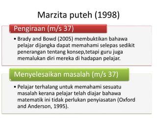 Marzita puteh (1998)
• Brady and Bowd (2005) membuktikan bahawa
pelajar dijangka dapat memahami selepas sedikit
penerangan tentang konsep,tetapi guru juga
memalukan diri mereka di hadapan pelajar.
Pengiraan (m/s 37)
• Pelajar terhalang untuk memahami sesuatu
masalah kerana pelajar telah diajar bahawa
matematik ini tidak perlukan penyiasatan (Oxford
and Anderson, 1995).
Menyelesaikan masalah (m/s 37)
 