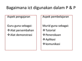 Bagaimana ict digunakan dalam P & P
Aspek pengajaran
Guru guna sebagai:
Alat persembahan
Alat demonstrasi
Aspek pembelajaran
Murid guna sebagai:
Tutorial
Penerokaan
Aplikasi
komunikasi
 