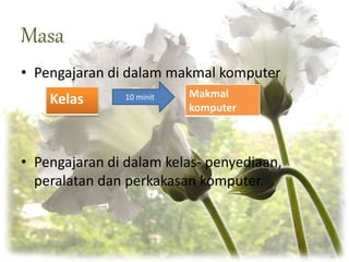 Masa
• Pengajaran di dalam makmal komputer
• Pengajaran di dalam kelas- penyediaan,
peralatan dan perkakasan komputer.
Kelas Makmal
komputer
10 minit
 