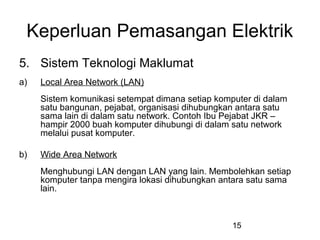 15
Keperluan Pemasangan Elektrik
5. Sistem Teknologi Maklumat
a) Local Area Network (LAN)
Sistem komunikasi setempat dimana setiap komputer di dalam
satu bangunan, pejabat, organisasi dihubungkan antara satu
sama lain di dalam satu network. Contoh Ibu Pejabat JKR –
hampir 2000 buah komputer dihubungi di dalam satu network
melalui pusat komputer.
b) Wide Area Network
Menghubungi LAN dengan LAN yang lain. Membolehkan setiap
komputer tanpa mengira lokasi dihubungkan antara satu sama
lain.
 
