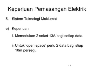 17
Keperluan Pemasangan Elektrik
5. Sistem Teknologi Maklumat
e) Keperluan
i. Memerlukan 2 soket 13A bagi setiap data.
ii.Untuk ‘open space’ perlu 2 data bagi stiap
10m persegi.
 