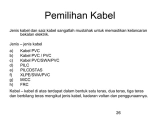 26
Pemilihan Kabel
Jenis kabel dan saiz kabel sangatlah mustahak untuk memastikan kelancaran
bekalan elektrik.
Jenis – jenis kabel
a) Kabel PVC
b) Kabel PVC / PVC
c) Kabel PVC/SWA/PVC
d) PILC
e) PILCDSTAS
f) XLPE/SWA/PVC
g) MICC
h) FRC
Kabel – kabel di atas terdapat dalam bentuk satu teras, dua teras, tiga teras
dan berbilang teras mengikut jenis kabel, kadaran voltan dan penggunaannya.
 
