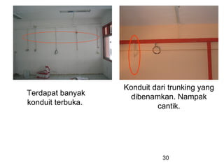 30
Konduit dari trunking yang
dibenamkan. Nampak
cantik.
Terdapat banyak
konduit terbuka.
 