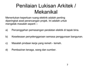 7
Penilaian Lukisan Arkitek /
Mekanikal
Menentukan keperluan ruang elektrik adalah penting
diperingkat awal perancangan projek. Ini adalah untuk
mengelak masalah seperti :-
a) Percanggahan pemasangan peralatan elektik di tapak bina.
b) Keselesaan penyelenggaraan semasa penggunaan bangunan.
c) Masalah pindaan kerja yang remeh - temeh.
d) Pembaziran tenaga, wang dan sumber.
 