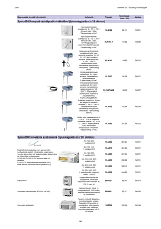 2009                                                                                                     Siemens Zrt. - Building Technologies



                                                                                                           Nettó listaár
  Megnevezés, termék információk                                  Jellemzők                  Típusjel                         Adatlap
                                                                                                            (euro / db)
  Synco100 Kompakt szabályozók érzékelővel (típusmagyarázat a 38.oldalon)

                                                            Helyiséghőmérséklet-
                                                         szabályozó, 2 x DC 0…10 V
                                                                                             RLA162           96,72           N3331
                                                            kimenet hűtés / fűtés.
                                                            Tápfeszültség 24VAC.

                                                            Helyiséghőmérséklet-
                                                         szabályozó, 2 x DC 0…10 V
                                                            kimenet hűtés / fűtés,
                                                                                             RLA162.1         104,52          N3336
                                                             OFF/Nappal/Éjszaka
                                                         üzemmódválasztó kapcsoló.
                                                            Tápfeszültség 24VAC.

                                                           Légcsatorna hőmérséklet
                                                             szabályozó befújt vagy
                                                          elszívott levegőhöz, 2 x DC
                                                            0…10 V és 1 kontaktus
                                                          kimenet, alapjel tartomány:
                                                                                             RLM162           159,90          N3332
                                                                0…50C°, QAC22
                                                              alkalmazásával külső
                                                           hőmérséklet kompenzáció
                                                          választható. Tápfeszültség
                                                                     24VAC.
                                                           Hőmérséklet-különbség
                                                            szabályozó, 2 x 2-pont
                                                           kimenet, napkollektoros           RLE127           106,08          N3337
                                                              alkalmazásokhoz.
                                                           Tápfeszültség 230VAC.
                                                           Hőmérséklet-különbség
                                                            szabályozó, 2 x 2-pont
                                                           kimenet, napkollektoros
                                                            alkalmazásokhoz, 1db
                                                                                            RLE127.QAZ        133,38          N3337
                                                            QAP21.2 típusú kábel
                                                           hőmérséklet-érzékelővel
                                                              (napkollektorhoz).
                                                           Tápfeszültség 230VAC.
                                                         Értéktartó szabályozó, 3-pont
                                                            és kiegészítő kontaktus
                                                         kimenet, 0...130 C°, QAC22
                                                             alkalmazásával külső            RLE132           232,44          N3334
                                                          hőmérséklet kompenzáció
                                                          választható. Tápfeszültség
                                                                    230VAC.

                                                         Hűtés vagy fűtésszabályozó, 2
                                                          x DC 0…10 V és kiegészítő
                                                         kontaktus kimenet, -10…+130
                                                          C°, QAC22 alkalmazásával           RLE162           201,24          N3333
                                                               külső hőmérséklet
                                                           kompenzáció választható.
                                                             Tápfeszültség 24VAC.



  Synco200 Univerzális szabályozók (típusmagyarázat a 39. oldalon)
                                                                4UI, 1DI, 2DO,
                                                                                             RLU202           201,24          N3101
                                                                1 szabályozókör

                                                                 3UI, 1DI, 1AO,
                                                                                             RLU210           201,24          N3101
                                                                1 szabályozókör
  Beépített alkalmazásokkal, nem igényel külön
  konfigurációs eszközt, hőmérséklet, páratartalom,
                                                                 4UI, 1DI, 2DO,
  nyomás, légminőség stb. szabályozására, légtechnikai                                       RLU220           201,24          N3101
                                                                1 szabályozókör
  és fűtési/hűtési rendszerekben.
  LG-Ni1000, Pt1000,0-10V bemeneti jelek (UI)                 4UI, 1DI, 2AO, 2DO,
  kezelése,                                                                                  RLU222           256,62          N3101
                                                                1 szabályozókör
  0-10V (UO), potenciálmentes kimenetek (DO),
  előre definiált üzemmódválasztó bemenet (DI)                5UI, 2DI, 3AO, 2DO,
                                                                                             RLU232           326,16          N3101
                                                                2 szabályozókör
                                                              5UI, 2DI, 3AO, 6DO,
                                                           2 szabályozókör (nagyobb          RLU236           444,24          N3101
                                                                hossz: 153mm)
                                                            Digitális kapcsolóóra heti
                                                            programmal, 1 kapcsoló
  Kapcsolóóra                                                                                SEH62.1          40,09           N5243
                                                         váltóérintkezős kimenettel, AC
                                                                 230 V, max. 6A

                                                           230VAC/24VAC, 30VA, C-
                                                         sínre szerelhető, IP20 kivitelű,
  Univerzális transzformátor AC230V→AC24V                                                    SEM62.2          25,97           N5536
                                                         beépített hálózati kapcsolóval
                                                                és biztosítékkal

                                                         Passzív érzékelők átlagolása,
                                                            min/max kijelzés, entalpia
                                                            kalkulátor hőmérséklet és
  Univerzális jelátalakító                                páratartalom jelből, passzív        SEZ220          209,04          N5146
                                                             érzékelő mért értékének
                                                          transzformálása akár 2db 0-
                                                                   10V-os jellé.




                                                           38
 