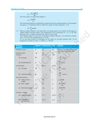 MOTION IN A PLANE 45
h
v
2g
m
o o
=
( )
sin
2
q
The time taken to reach this height is :
g
v
t o
o
m
θ
sin
=
The horizontal distance travelled by a projectile from its initial position to the position
it passes y = 0 during its fall is called the range, R of the projectile. It is :
2
sin2
o
o
v
R
g
θ
=
17. When an object follows a circular path at constant speed, the motion of the object is
called uniform circular motion. The magnitude of its acceleration is ac
= v2
/R. The
direction of ac
is always towards the centre of the circle.
The angular speed ω, is the rate of change of angular distance. It is related to velocity
v by v = ω R. The acceleration is ac
= ω 2
R.
If T is the time period of revolution of the object in circular motion and ν is its
frequency, we have ω = 2π ν, v = 2πνR, ac
= 4π2
ν2
R
Rationalised-2023-24
 