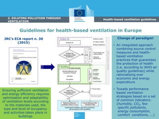 8
Guidelines for health-based ventilation in Europe
JRC’s ECA report n. 30
(2015)
Change of paradigm!
• An integrated approach
combining source control
measures and health-
based ventilation
practices that guarantees
the protection of health
(i.e. according to WHO air
quality guidelines) while
rationalising over
economic and energy
expenditure
• Towads performance
based ventilation
strategies based on a set
of common indicators:
(humidity, CO2, few
specific pollutants,
energy consumption,
comfort conditions, ...)
2. DILUTING POLLUTION THROUGH
VENTILATION
Ensuring sufficient ventilation
and energy efficiency requires
optimisation and adaptability
of ventilation levels according
to the materials used, the
type and level of occupancy
and activities taken place in
buildings
Health-based ventilation guidelines
 