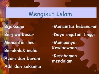 Mengikut Islam
Bijaksana          •Mencintai kebenaran
Berjiwa besar      •Daya ingatan tinggi
Mencintai ilmu     •Mempunyai
                   Kewibawaan
Berakhlak mulia
                   •Kefahaman
Azam dan berani
                   mendalam
Adil dan saksama
                                      12
 