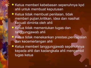  Ketua memberi kebebasan sepenuhnya kpd
  ahli untuk membuat keputusan
 Ketua tidak membuat penilaian, tidak
  memberi pujian,kritikan, idea dan nasihat
  kecuali diminta oleh ahli
 Ketua tidak mementukan tugas dan
  tanggungjawab ahli
 Ketua tidak menekankan prestasi,pencapaian
  dan kecemerlangan ahli
 Ketua memberi tanggungjawab sepenuhnya
  kepada ahli dan kadangkala ahli mengambil
  tugas ketua

                                           25
 