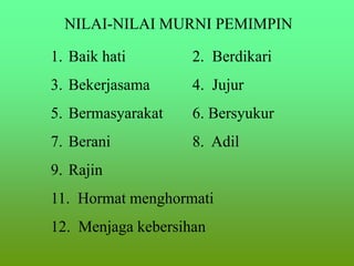 NILAI-NILAI MURNI PEMIMPIN
1. Baik hati 2. Berdikari
3. Bekerjasama 4. Jujur
5. Bermasyarakat 6. Bersyukur
7. Berani 8. Adil
9. Rajin
11. Hormat menghormati
12. Menjaga kebersihan
 
