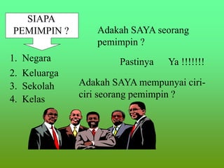 SIAPA
PEMIMPIN ?
1. Negara
2. Keluarga
3. Sekolah
4. Kelas
Adakah SAYA seorang
pemimpin ?
Pastinya Ya !!!!!!!
Adakah SAYA mempunyai ciri-
ciri seorang pemimpin ?
 