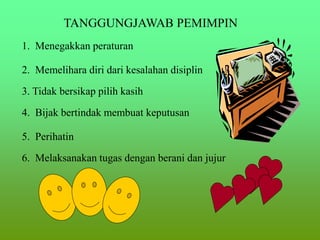TANGGUNGJAWAB PEMIMPIN
1. Menegakkan peraturan
2. Memelihara diri dari kesalahan disiplin
3. Tidak bersikap pilih kasih
4. Bijak bertindak membuat keputusan
5. Perihatin
6. Melaksanakan tugas dengan berani dan jujur
 