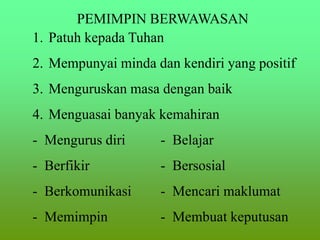 PEMIMPIN BERWAWASAN
1. Patuh kepada Tuhan
2. Mempunyai minda dan kendiri yang positif
3. Menguruskan masa dengan baik
4. Menguasai banyak kemahiran
- Mengurus diri - Belajar
- Berfikir - Bersosial
- Berkomunikasi - Mencari maklumat
- Memimpin - Membuat keputusan
 