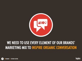@ESKIMON • FUTURE FACTORS18
WE NEED TO USE EVERY ELEMENT OF OUR BRANDS’
MARKETING MIX TO INSPIRE ORGANIC CONVERSATION
 