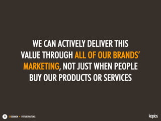 @ESKIMON • FUTURE FACTORS30
WE CAN ACTIVELY DELIVER THIS
VALUE THROUGH ALL OF OUR BRANDS’
MARKETING, NOT JUST WHEN PEOPLE
BUY OUR PRODUCTS OR SERVICES
 
