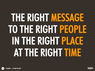@ESKIMON • FUTURE FACTORS34
THE RIGHT MESSAGE
TO THE RIGHT PEOPLE
IN THE RIGHT PLACE
AT THE RIGHT TIME
 