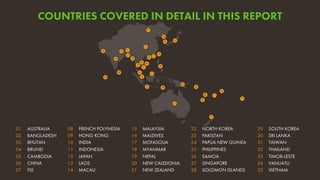 4
COUNTRIES COVERED IN DETAIL IN THIS REPORT
1
2
3
4
5
01 AUSTRALIA 08 FRENCH POLYNESIA 15 MALAYSIA 22 NORTH KOREA 29 SOUT...