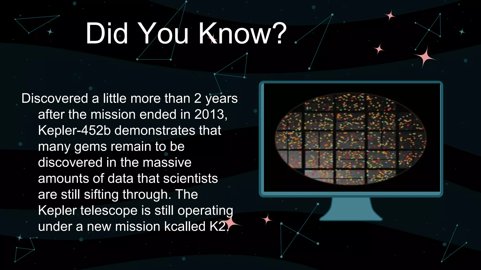 Did You Know?
Discovered a little more than 2 years
after the mission ended in 2013,
Kepler-452b demonstrates that
many gems remain to be
discovered in the massive
amounts of data that scientists
are still sifting through. The
Kepler telescope is still operating
under a new mission kcalled K2.
 