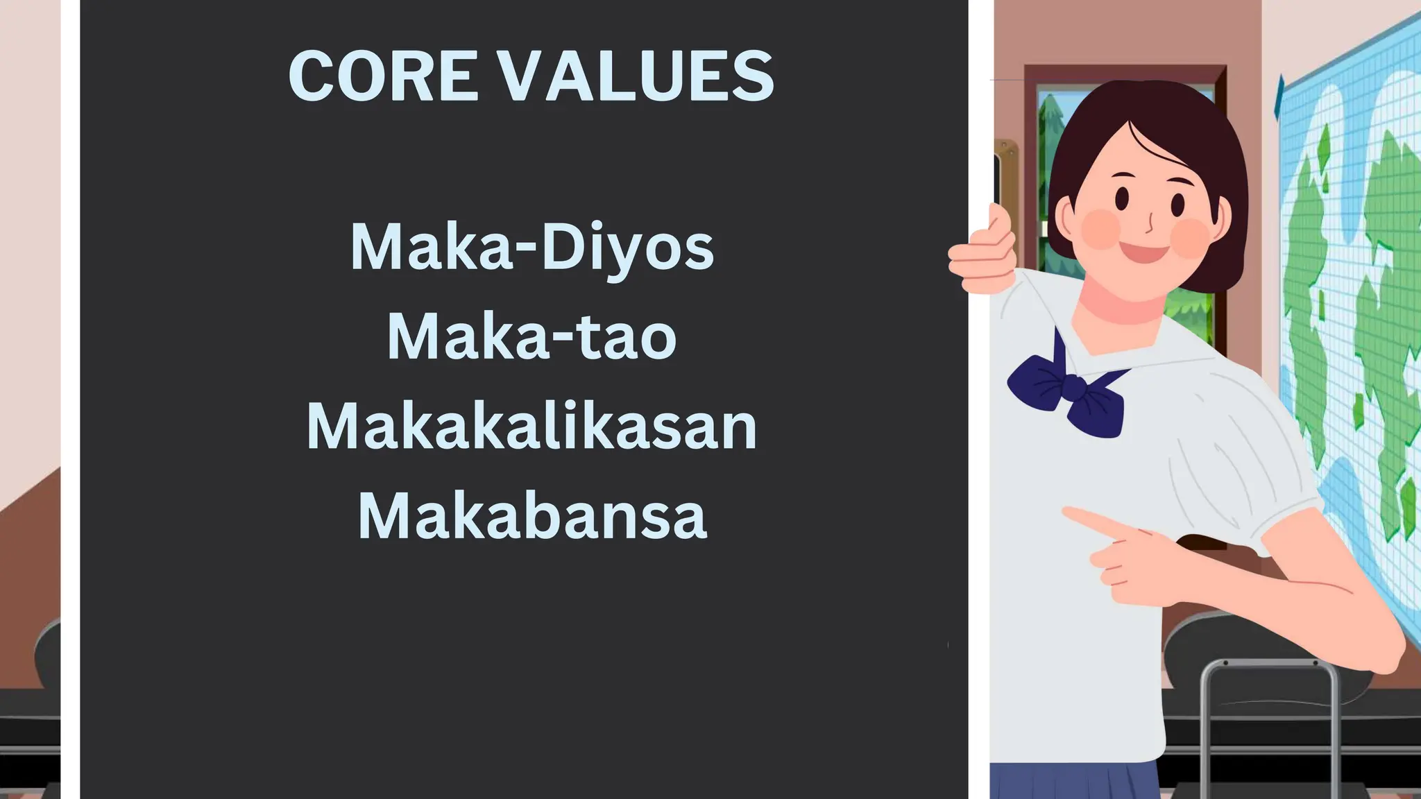 CORE VALUES
Maka-Diyos
Maka-tao
Makakalikasan
Makabansa
 