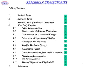 2
SOLO
Table of Contents
2. Newton’s Laws
3. Newton’s Law of Universal Gravitation
4. Two Body Problem
4.1 Polar Representation
4.2 Conservation of Angular Momentum
KEPLERIAN TRAJECTORIES
1. Kepler’s Laws
4.3 Conservation of Mechanical Energy
4.4 Integration of Equations of Motion
4.5 Velocity on the Trajectory
4.6 Specific Mechanic Energy
4.7 Eccentricity Vector
4.8 Orbit Determination from Initial Conditions
4.9 Flat Earth Approximation
4.10 Orbital Trajectories
4.11 Time of Flight on an Elliptic Orbit
5. References
 