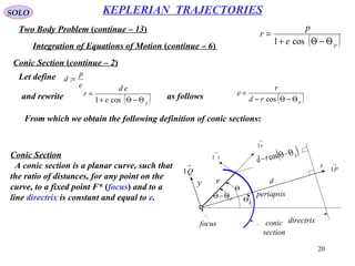 20
SOLO
Two Body Problem (continue – 13)
KEPLERIAN TRAJECTORIES
Integration of Equations of Motion (continue – 6)
( )pe
p
r
Θ−Θ+
=
cos1
Conic Section (continue – 2)
Θ
pΘpΘ−Θ
r d
directrixfocus conic
section
x
y
→
P1
→
Q1
→
r1
→
t1
periapsis
Let define
e
p
d =:
and rewrite ( )pe
ed
r
Θ−Θ+
=
cos1 as follows ( )prd
r
e
Θ−Θ−
=
cos
From which we obtain the following definition of conic sections:
Conic Section
A conic section is a planar curve, such that
the ratio of distances, for any point on the
curve, to a fixed point F* (focus) and to a
line directrix is constant and equal to e.
 