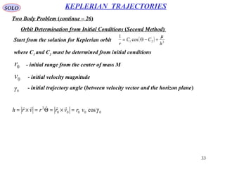 33
SOLO
Two Body Problem (continue – 26)
KEPLERIAN TRAJECTORIES
Orbit Determination from Initial Conditions (Second Method)
Start from the solution for Keplerian orbit ( ) 221 cos
1
h
CC
r
µ
+−Θ=
where C1 and C2 must be determined from initial conditions
0r - initial range from the center of mass M
0v - initial velocity magnitude
00000
2
cosγvrvrrvrh =×=Θ=×=

0γ - initial trajectory angle (between velocity vector and the horizon plane)
 