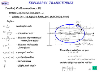43
SOLO
Two Body Problem (continue – 36)
KEPLERIAN TRAJECTORIES
Orbital Trajectories (continue – 1)
Ellipse (e < 1) ( Kepler’s First Law ) and Circle ( e = 0 )
x
y
( )2
1 eap −=
eac =
a a
( ) 2/12
1 eab −=
( )eara += 1
( )earp −= 1
r
ΘFOCUS
EMPTY
FOCUS
Apoapsis Radius
Periapsis Radius
Apoapsis
PeriapsisGeometric Center
Directrix
Directrix
c
epd /=
Semimajor
axis
Semiminor axis
v

nv
rv
γ
→
P1
→
Q1Define:
2
1
:
e
p
a
−
= semimajor axis
2
1
:
e
p
b
−
=
- semiminor axis
ea
e
ep
c =
−
= 2
1
: - distance of geometrical
center from focus
e
p
d =: - distance of directrix
from focus
( )eara += 1: - apoapsis radius
( )earp −= 1: - periapsis radius
Θ - true anomaly
γ - flight-path angle
( ) 2/pa rra +=
( ) ( )papa rrrre +−= /
( ) ( ) ( )ererabeap ap −=+==−= 11/1 22
From those relations we get:
1
22
=





+




 +
b
y
a
cx
and the ellipse equation will be:
 