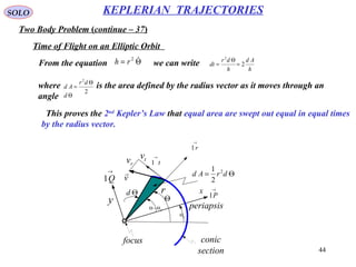 44
SOLO
Two Body Problem (continue – 37)
KEPLERIAN TRAJECTORIES
Time of Flight on an Elliptic Orbit
From the equation Θ= 2
rh we can write
h
Ad
h
dr
dt 2
2
=
Θ
=
where is the area defined by the radius vector as it moves through an
angle
2
2
Θ
=
dr
Ad
Θd
Θ
pΘ
pΘ−Θ
r
focus conic
section
x
y
→
P1
→
Q1
→
r1
→
t1
v

rv tv
Θd
Θ= drAd 2
2
1
periapsis
This proves the 2nd
Kepler’s Law that equal area are swept out equal in equal times
by the radius vector.
 