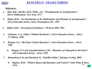 49
SOLO
References
2. Battin, R.H., “An Introduction to the Mathematics and Methods of Astrodynamics”,
AIAA Education Series, AIAA, Washington. DV., 1987
KEPLERIAN TRAJECTORIES
3. Battin, R.H., “Astronautical Guidance”, McGraw Hill, 1964
1. Bate, R.R., Mueller, D.D., White, J.E., “Fundamentals of Astrodynamics”,
Dover Publications, New York, 1971
4. Chobotov, V.A., Editor, “Orbital Mechanics”, AIAA Education Series, , AIAA,
2nd
Edition, 1996
5. Reagan, F.J., “Re-Entry Vehicle Dynamics”, AIAA Education Series, , AIAA,
1984
6. Reagan, F.J. and Anandakrishnan, S.M., “Dynamics of Atmospheric Re-Entry”,
AIAA Education Series, , AIAA, 1993
7. Montenbruck, O. and Eberhard, G., “Satellite Orbits”, Springer-Verlag, 2000
8. Kaplan, M.H., “Modern Spacecraft Dynamics and Control”, John Wiley & Sons,
1976
 