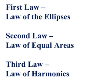 First Law –
Law of the Ellipses
Second Law –
Law of Equal Areas
Third Law –
Law of Harmonics