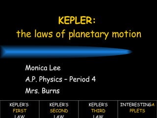 KEPLER:   the laws of planetary motion Monica Lee A.P. Physics – Period 4 Mrs. Burns KEPLER’S  FIRST LAW KEPLER’S  SECOND LAW KEPLER’S THIRD LAW INTERESTING APPLETS 