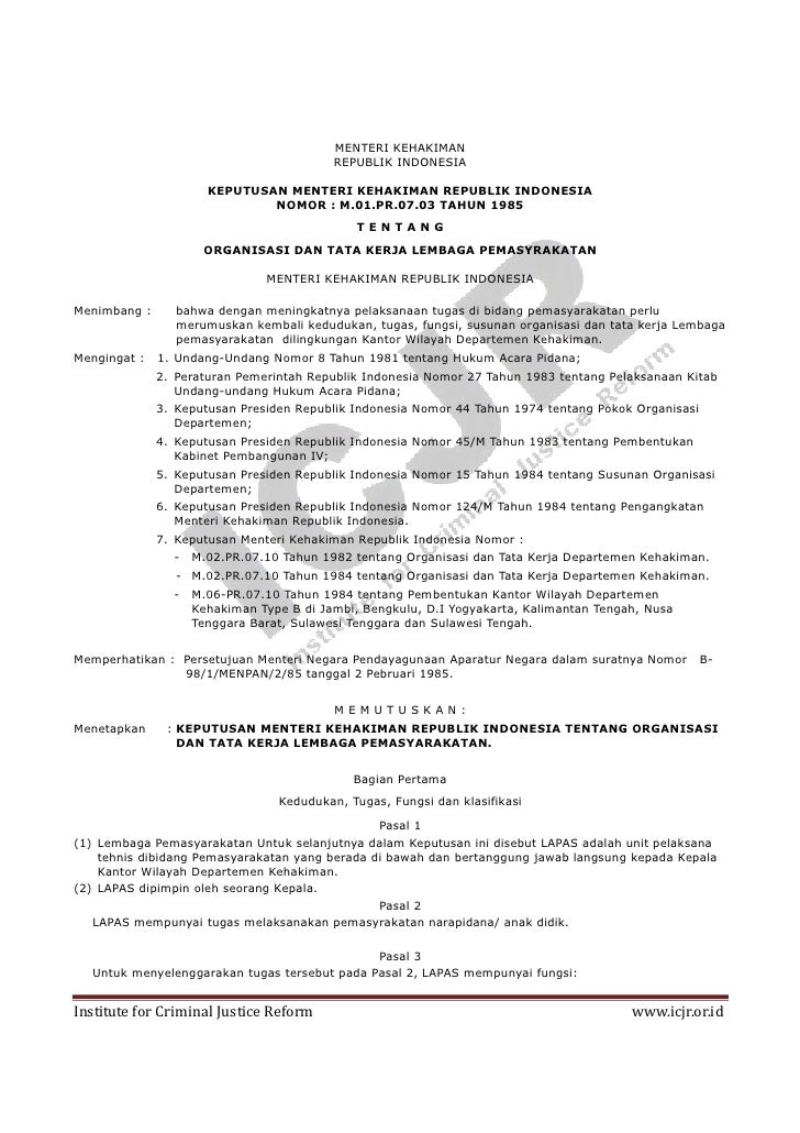 Kepmen Th 1985 Tentang Organisasi Dan Tata Kerja Lembaga Pemasyarakat