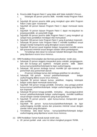 b. Peserta didik Program Paket C yang tidak aktif tidak melebihi 5 Persen.
c. Sebanyak 60 persen peserta didik memiliki modul Program Paket
C.
d. Sejumlah 80 persen peserta didik yang mengikuti ujian akhir Program
Paket C lulus ujian kesetaraan.
e. Sejumlah 60 persen lulusan Program Paket C dapat memasuki dunia
kerja.
f. Sejumlah 10 persen lulusan Program Paket C dapat me-lanjutkan ke
jenjang pendidik- an yang lebih tinggi.
g. Sejumlah 90 persen peserta didik Program Paket C yang mengikuti uji
sampel mutu pendidikan mendapat nilai memuaskan.
h. Sejumlah 100 persen tutor Program Paket C yang di-perlukan terpenuhi.
i. Sebanyak 90 persen tutor Program Paket C memiliki kualifikasi sesuai
dengan standar kompetensi yang ditetapkan secara nasional.
j. Sejumlah 90 persen pusat kegiatan belajar masyarakat memiliki sarana
dan prasarana minimal sesuai dengan standar teknis pembelajaran.
k. Tersedianya data dasar ke-setaraan Sekolah Menengah Atas (SMA)
yang diperbarui secara terus menerus.
(5) SPM Pendidikan Keterampilan dan Bermata pencaharian terdiri atas:
a. Sebanyak 25 persen anggota masyarakat putus sekolah, pengangguran,
dan dari ke-luarga pra sejahtera menjadi peserta didik dalam
kursus-kursus/pelatihan/kelompok be lajar usaha/magang.
b. Sebanyak 100 persen lembaga kursus memiliki ijin ope-rasional dari
pemerintah atau pemerintah daerah.
c. 25 persen lembaga kursus dan lembaga pelatihan ter-akreditasi.
d. Sebanyak 100 persen kursus/ pelatihan/kelompok belajar
usaha/magang dibina secara terus menerus.
e. Sejumlah 90 persen lulusan kursus, pelatihan, magang, kelompok
belajar usaha dapat memasuki dunia kerja.
f. Sejumlah 100 persen tenaga pendidik, instruktur, atau penguji praktek
kursus-kursus/ pelatihan/kelompok belajar usaha/magang yang diperlu-
kan terpenuhi.
g. Sebanyak 90 persen tenaga pendidik, instruktur, atau penguji praktek
kursus/ pelatihan/kelompok belajar usaha/magang memiliki kualifikasi
sesuai dengan standar kompetensi yang di-persyaratkan.
h. Sejumlah 75 persen peserta ujian kursus-kursus memperoleh ijazah
atau sertifikat.
i. Sejumlah 90 persen kursus-kursus/pelatihan/kelompok be lajar
usaha/magang memiliki sarana dan prasarana minimal sesuai dengan
standar teknis yang ditetapkan.
j. Tersedianya data dasar kursus - kursus/pelatihan/kelompok belajar
usaha/magang yang diperbarui secara terus menerus.
(6) SPM Pendidikan Taman Kanak-kanak terdiri atas :
a. 20 persen jumlah anak usia 4-6 tahun mengikuti program TK/RA.
7
 