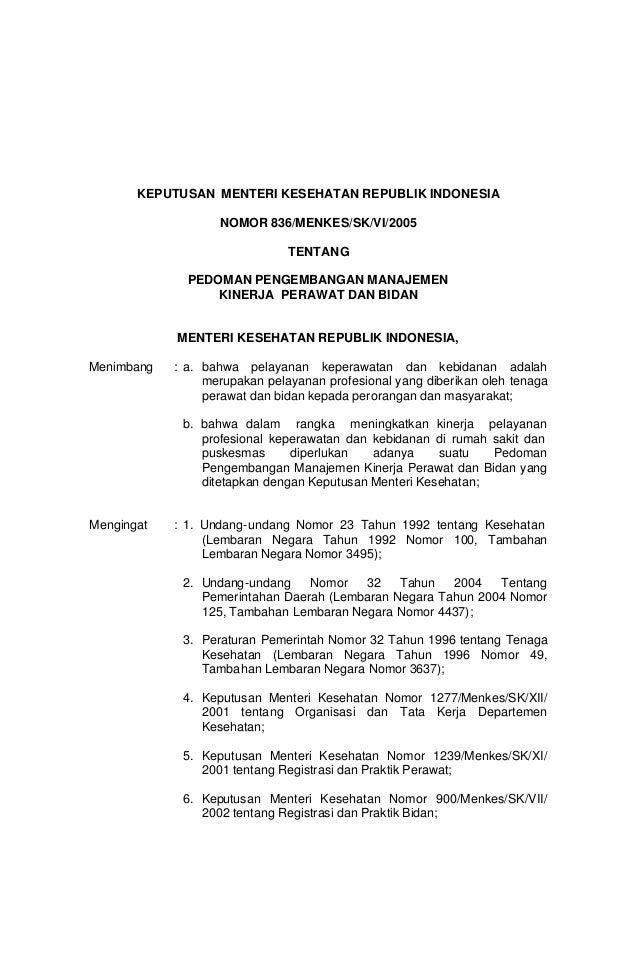 Kepmenkes 836 Menkes Sk Vi 2005 Kinerja Perawat Dan Bidan