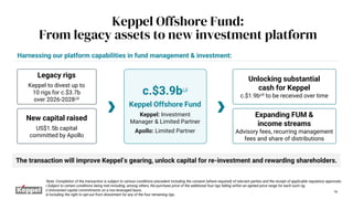 Keppel Offshore Fund:
From legacy assets to new investment platform
16
Legacy rigs
Keppel to divest up to
10 rigs for c.$3.7b
over 2026-2028i,iii
New capital raised
US$1.5b capital
committed by Apollo
c.$3.9bi,ii
Keppel Offshore Fund
Keppel: Investment
Manager & Limited Partner
Apollo: Limited Partner
Unlocking substantial
cash for Keppel
c.$1.9bi,iii to be received over time
Expanding FUM &
income streams
Advisory fees, recurring management
fees and share of distributions
The transaction will improve Keppel’s gearing, unlock capital for re-investment and rewarding shareholders.
Harnessing our platform capabilities in fund management & investment:
Note: Completion of the transaction is subject to various conditions precedent including the consent (where required) of relevant parties and the receipt of applicable regulatory approvals.
i Subject to certain conditions being met including, among others, the purchase price of the additional four rigs falling within an agreed price range for each such rig.
ii Uninvested capital commitments on a non-leveraged basis.
iii Including the right to opt-out from divestment for any of the four remaining rigs.
 